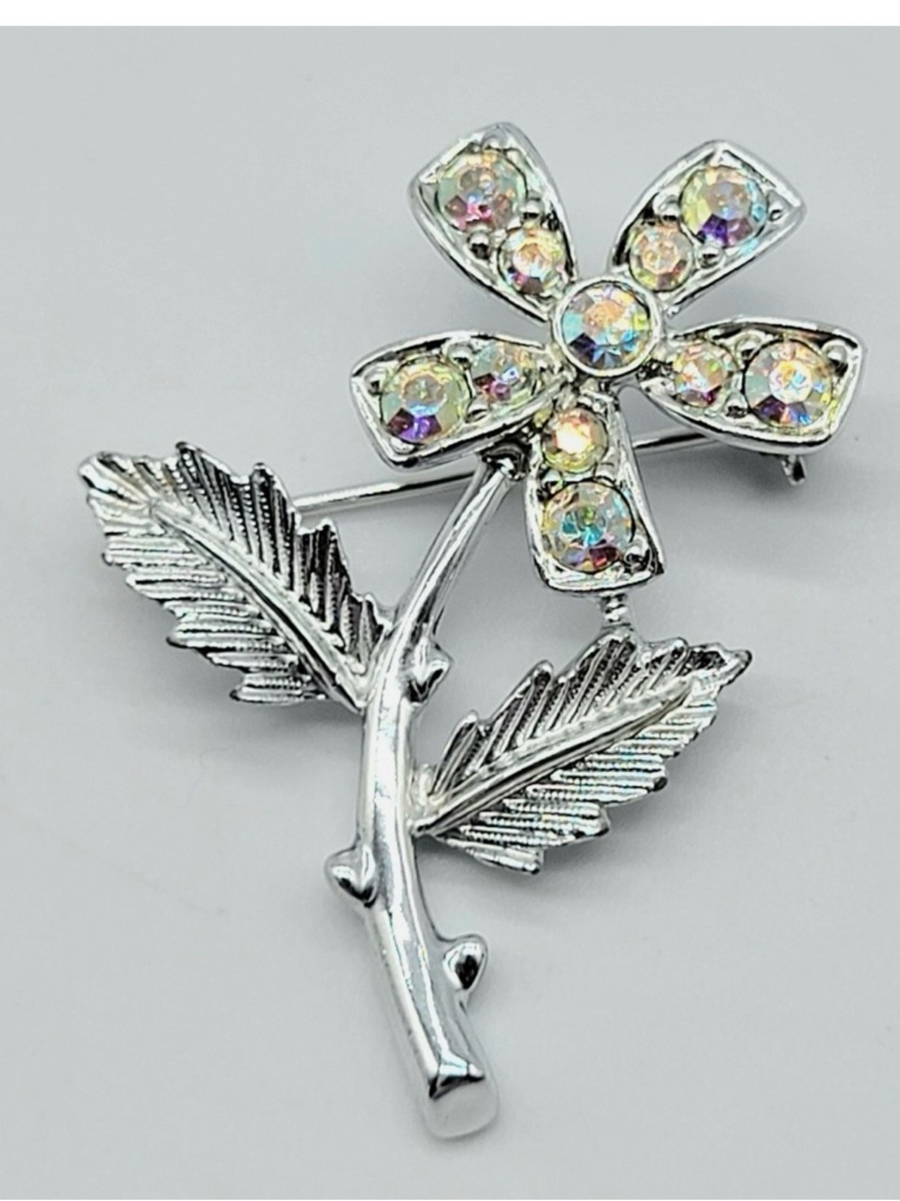 Sarah Coventry Y2K Flower Pin Brooch Aurora Borealis Silver Tone like new